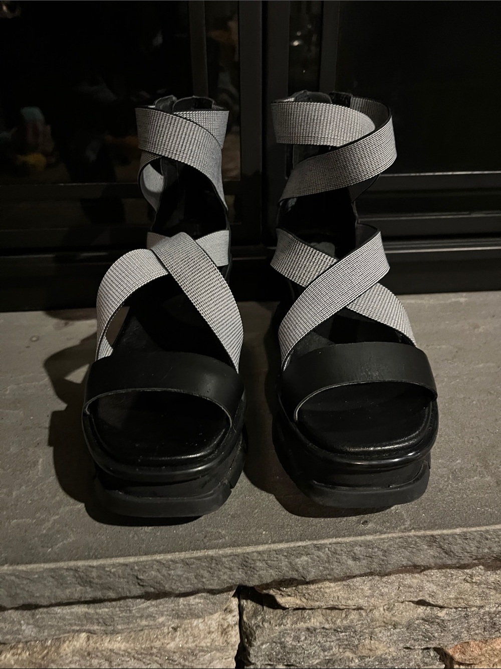 Sorel Black Platforms with Light Gray Crisscross Straps 7.5